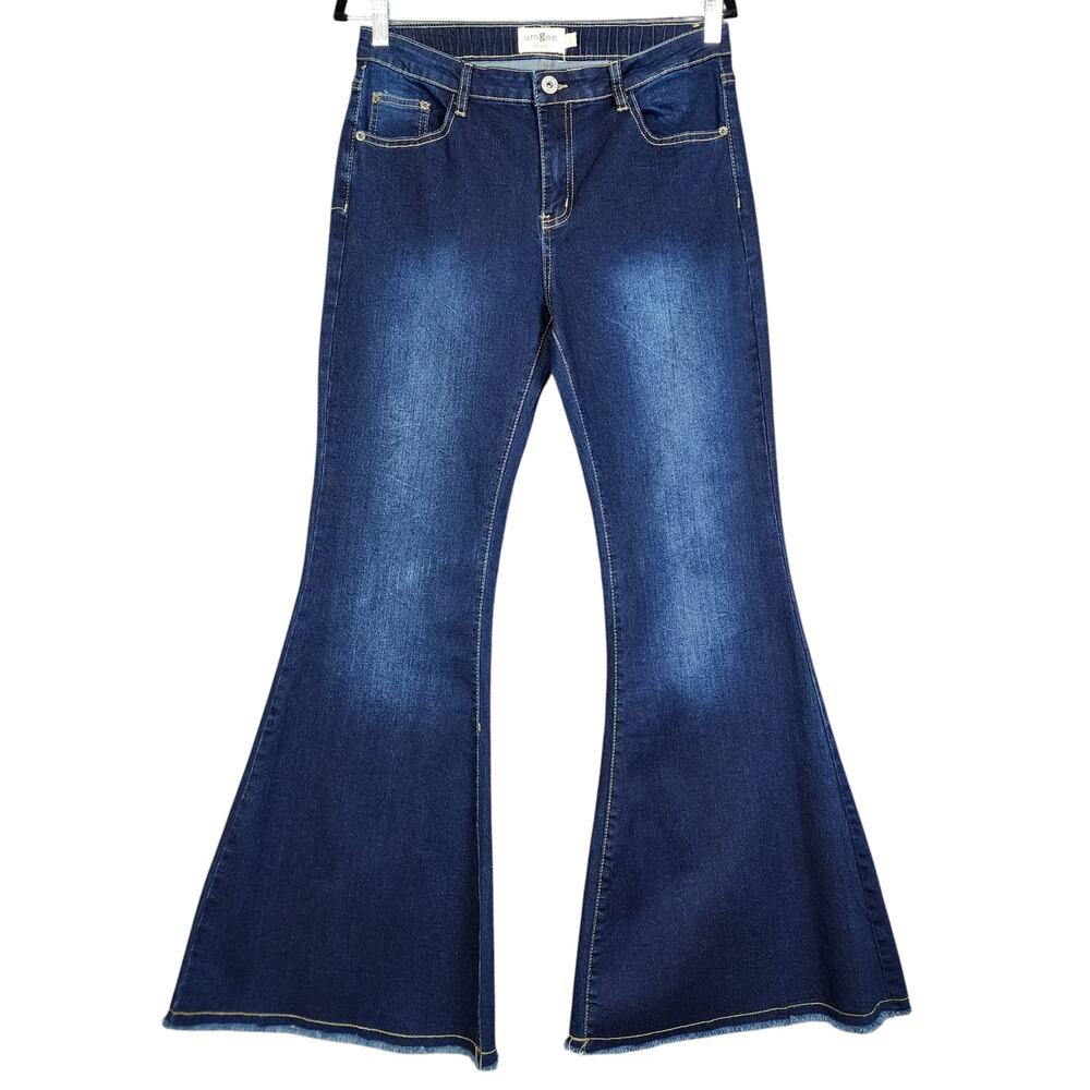 Umgee Denim Womens High Rise Flare Jeans Size 5 Dark Wash‎ Raw Fray Hem Stretch
